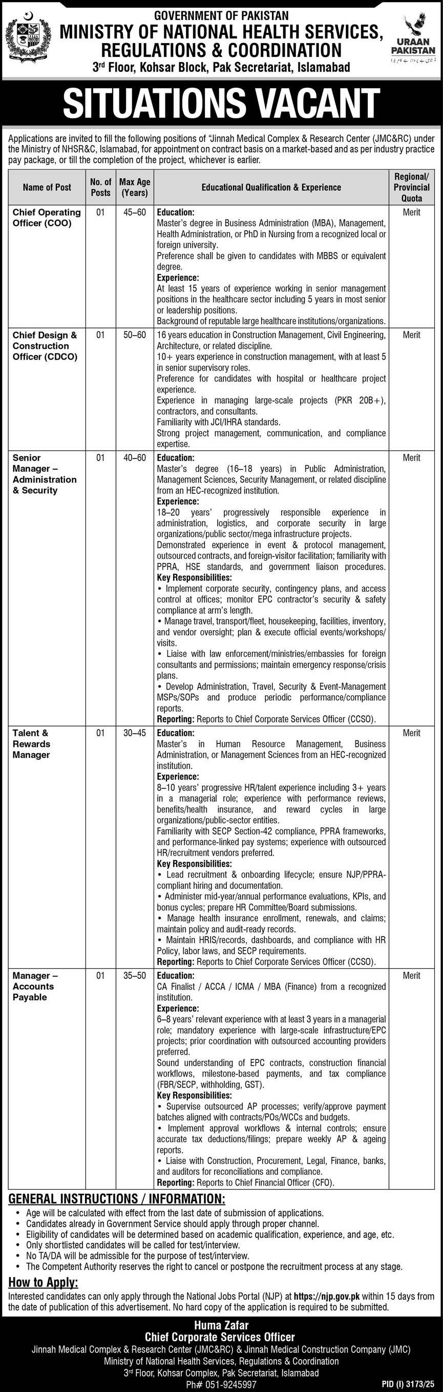 Jobs in Ministry of National Health Services Regulation & Coordination Islamabad